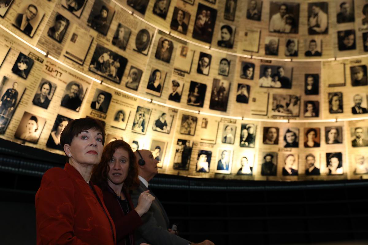 The Governor-General and her husband Sir David Gascoigne were guided through the Holocaust History Museum, including the Hall of Names, by Orit Margaliot of the International School for Holocaust Studies.